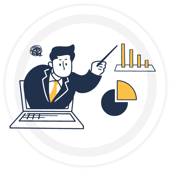 パソコンで作業をしている人物のイラスト。後ろにグラフやチャートが表示されている