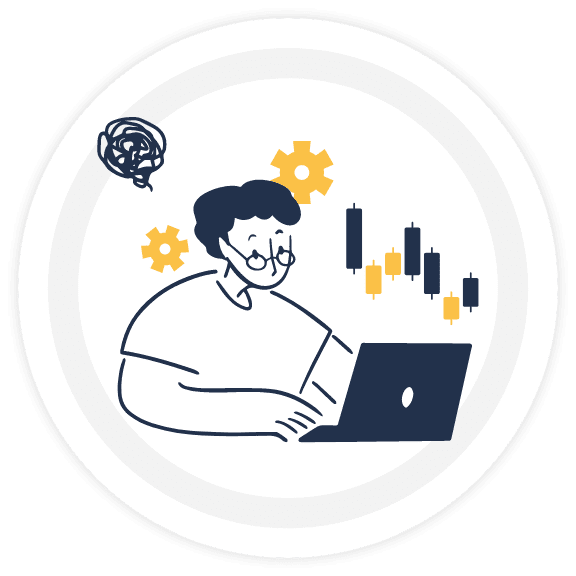 眼鏡をかけた男性がノートPCで作業しながら悩んでいるイラスト。頭の上にモヤモヤマーク、背景にグラフや歯車