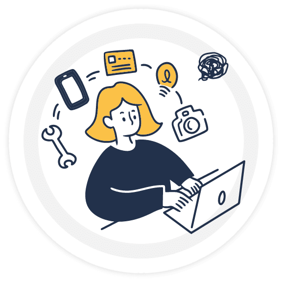 女性がノートPCで作業しながら悩んでいるイラスト。周囲にスマートフォンやカード、カメラなど複数のタスクを表すアイコン