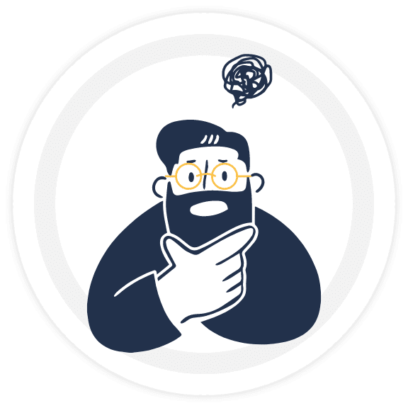 眼鏡をかけた男性が顎に手を当てて考え込んでいるイラスト。頭上にモヤモヤマーク