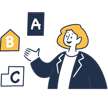 文字ブロックA、B、Cを指し示している人物のイラスト