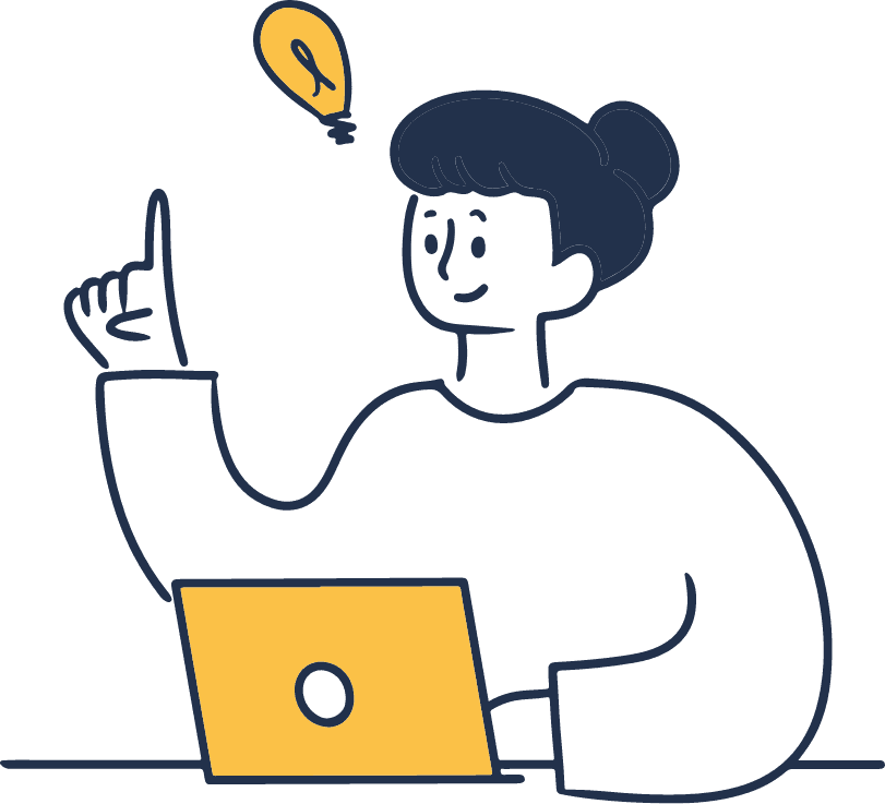 ラップトップと電球のアイデアを持つ人物のイラスト