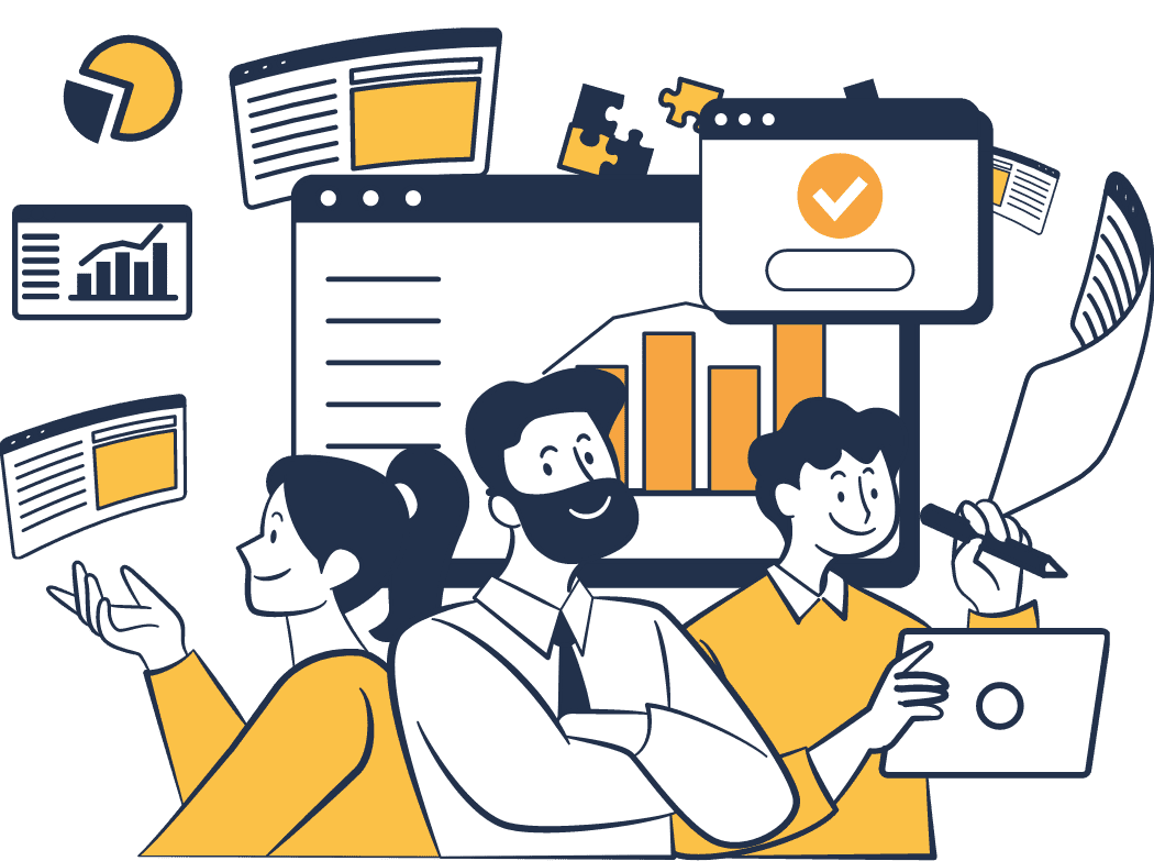 ビジネスパーソンがデジタルツールを使って協力している様子のイラスト