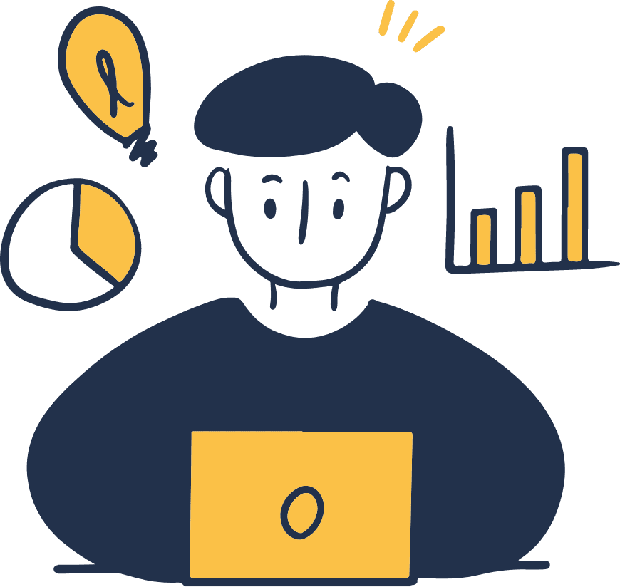 ラップトップでアイデアを考えているビジネスパーソンのイラスト